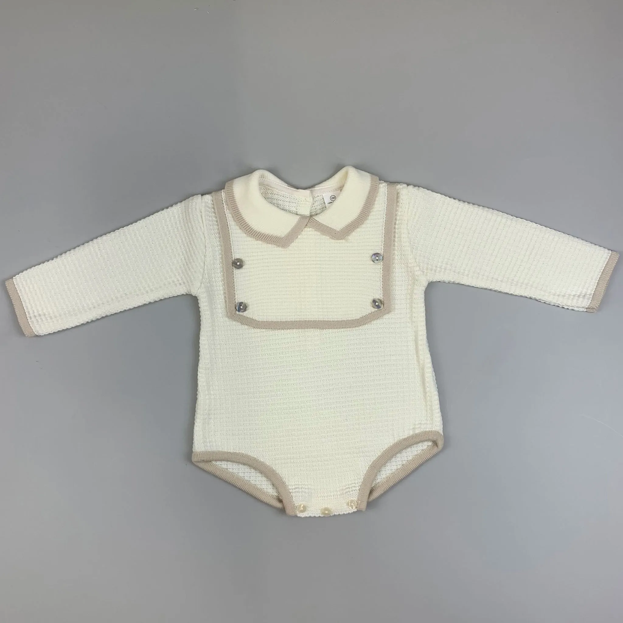 Baby Boy Knitted Romper -Long Sleeves - Cream