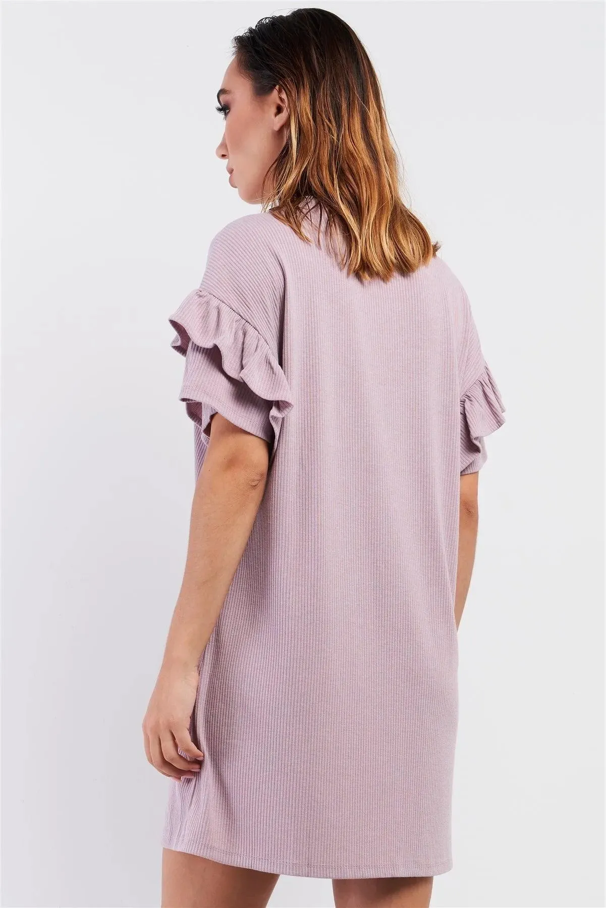 Dusty Pink Ribbed Loose Fit Layered Wing Short Sleeve T-Shirt Mini Dress /1-2-3