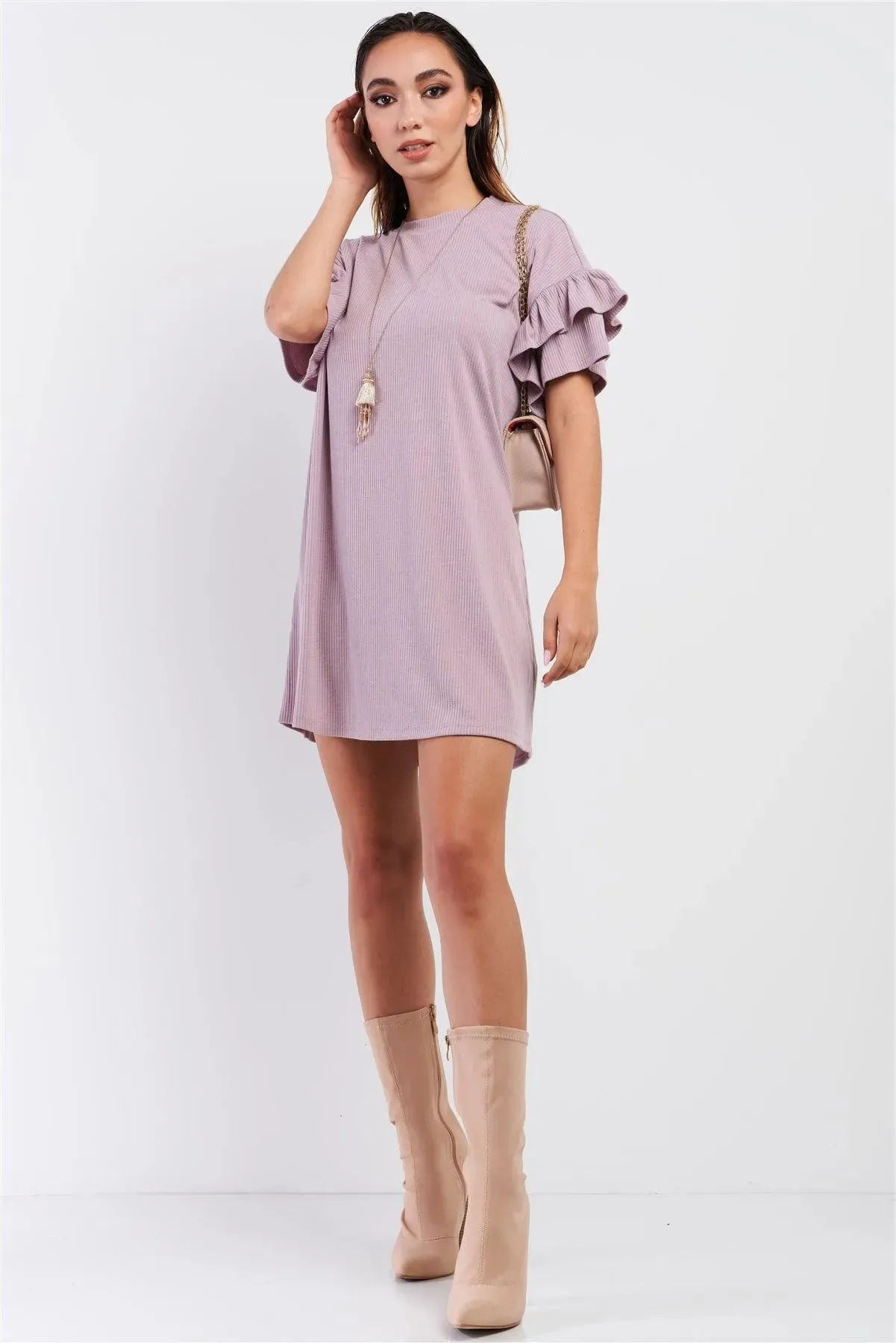 Dusty Pink Ribbed Loose Fit Layered Wing Short Sleeve T-Shirt Mini Dress /1-2-3