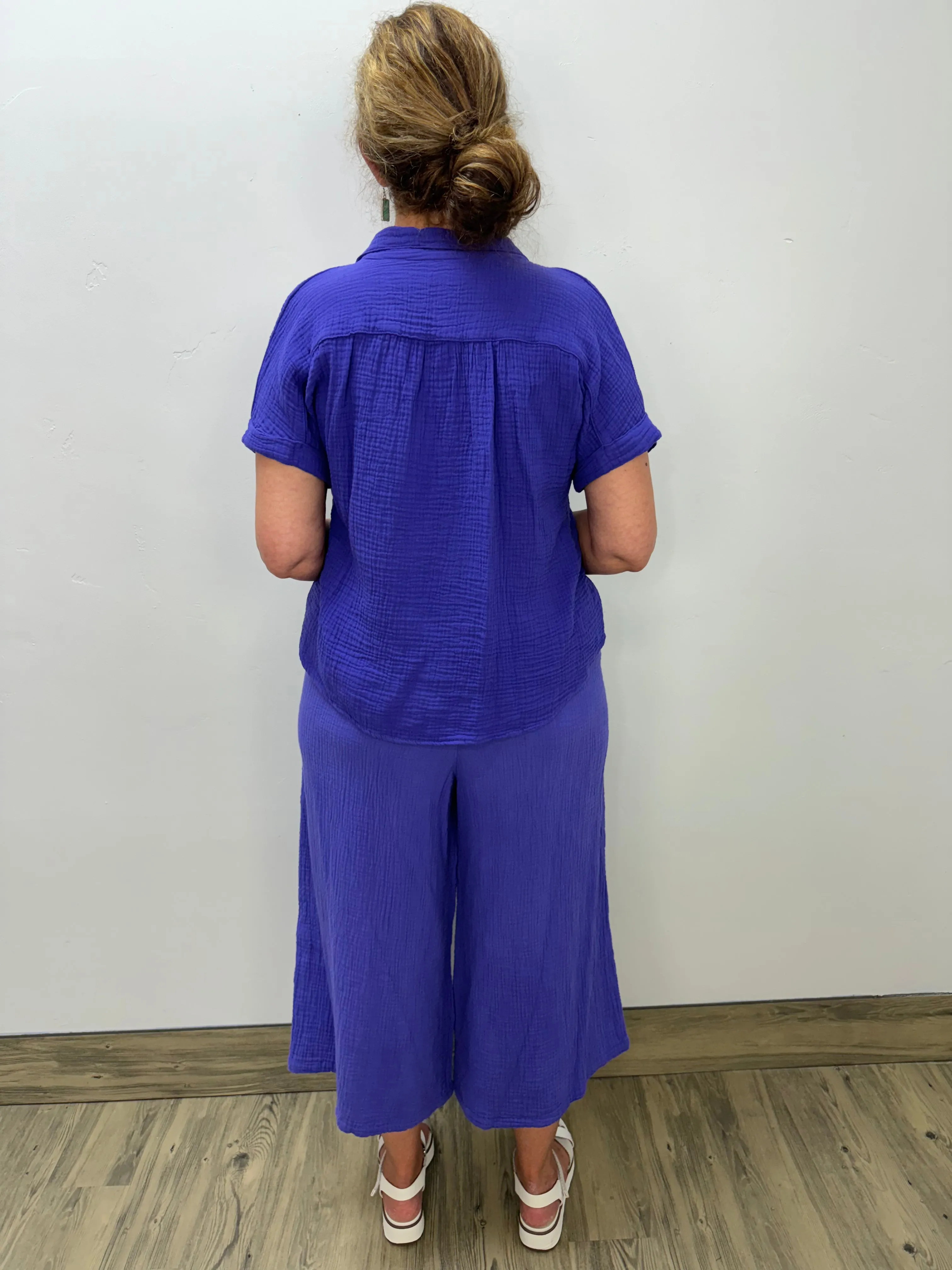 Iris Purple Cotton Gauze Short Sleeve Button Down
