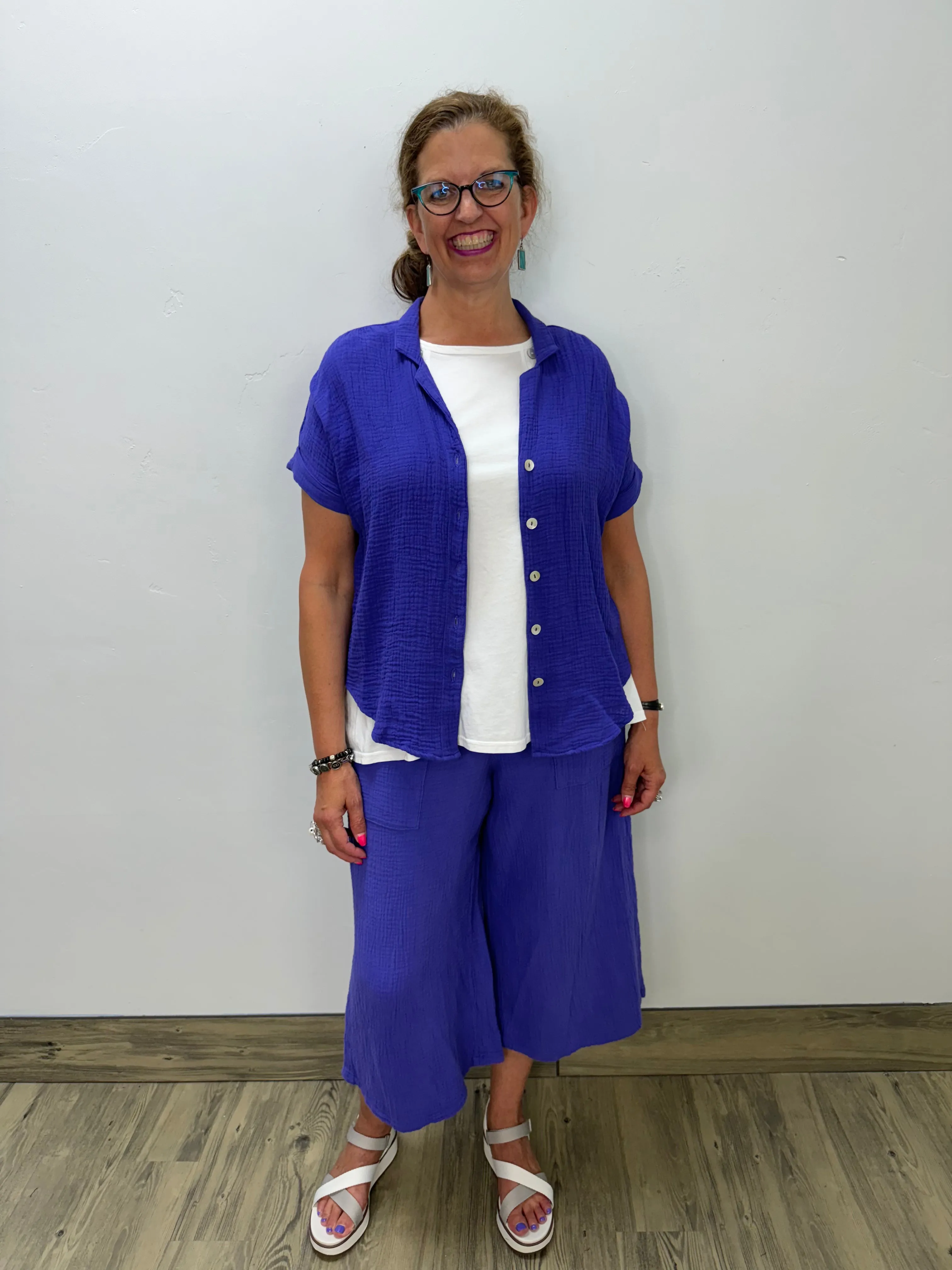Iris Purple Cotton Gauze Short Sleeve Button Down