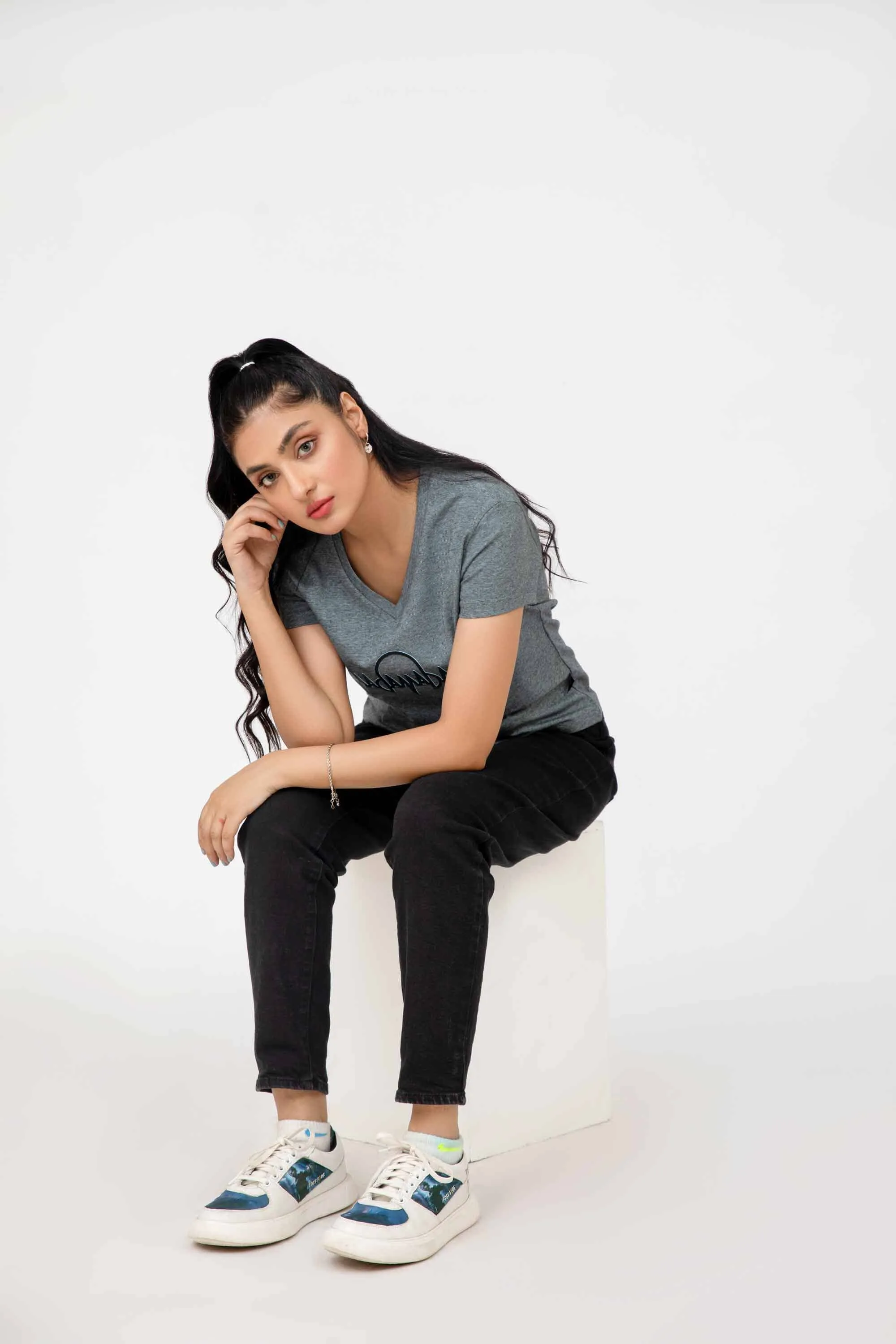 Madamadam Embellish Logo Women's V Neck Tee Shirt