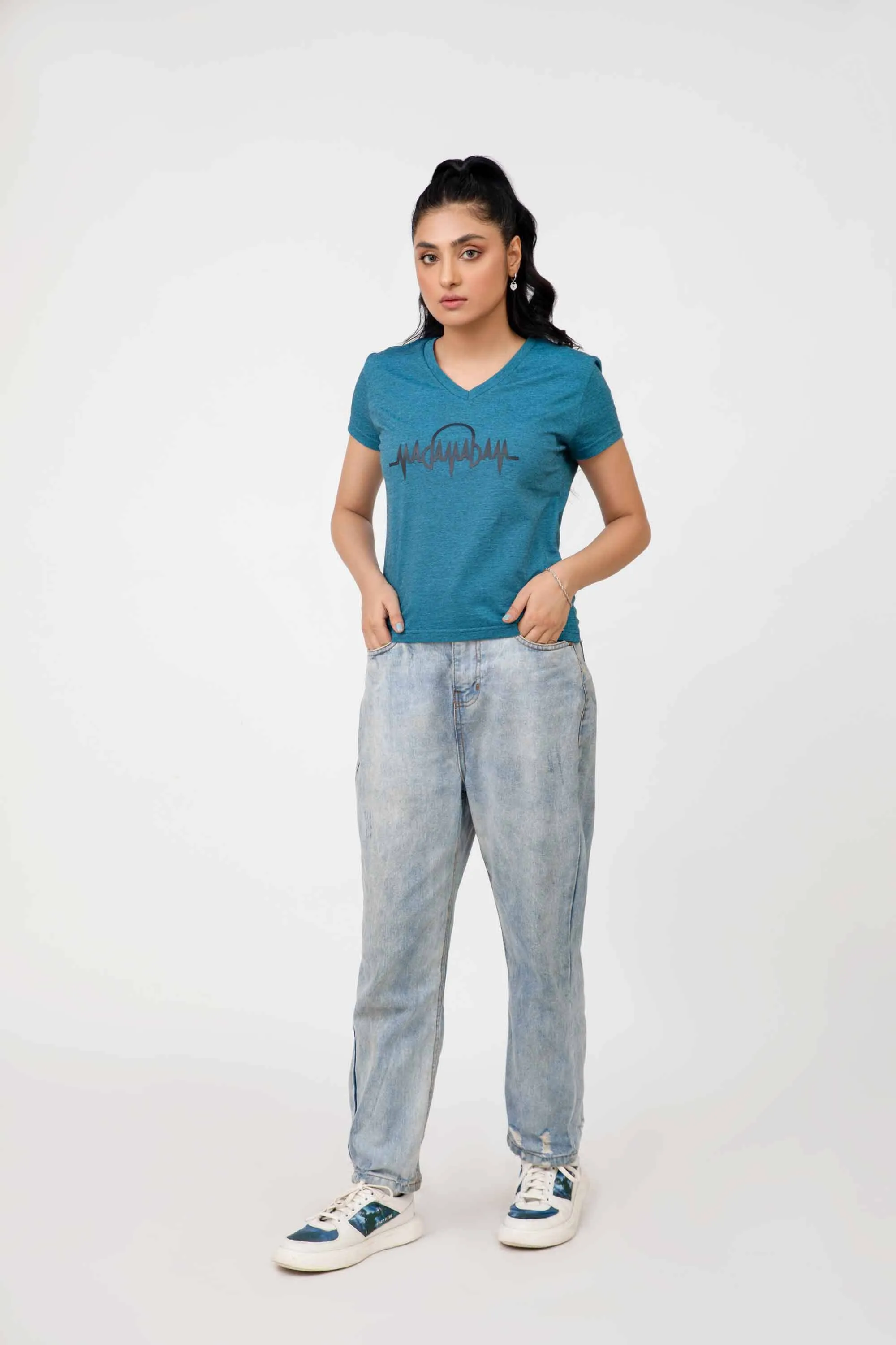 Madamadam Embellish Logo Women's V Neck Tee Shirt