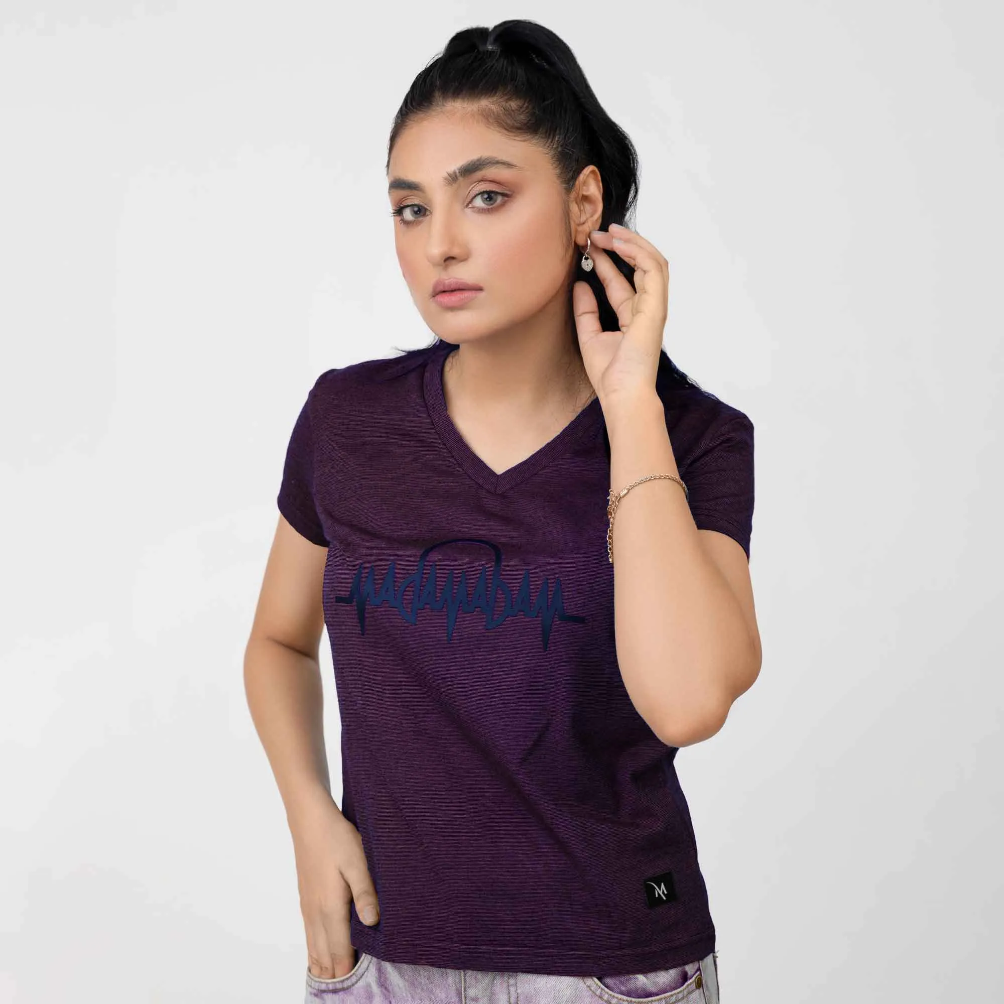 Madamadam Embellish Logo Women's V Neck Tee Shirt