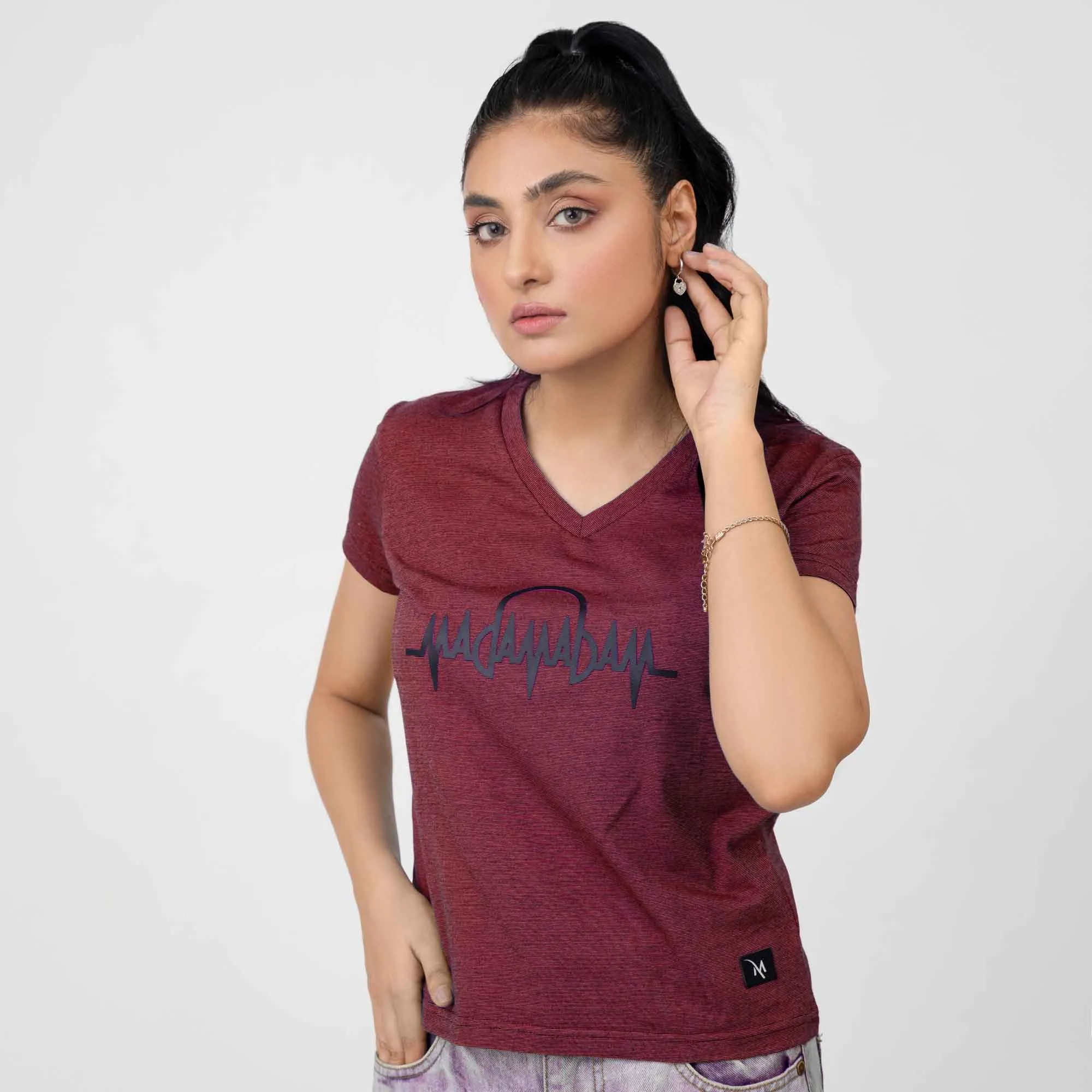 Madamadam Embellish Logo Women's V Neck Tee Shirt