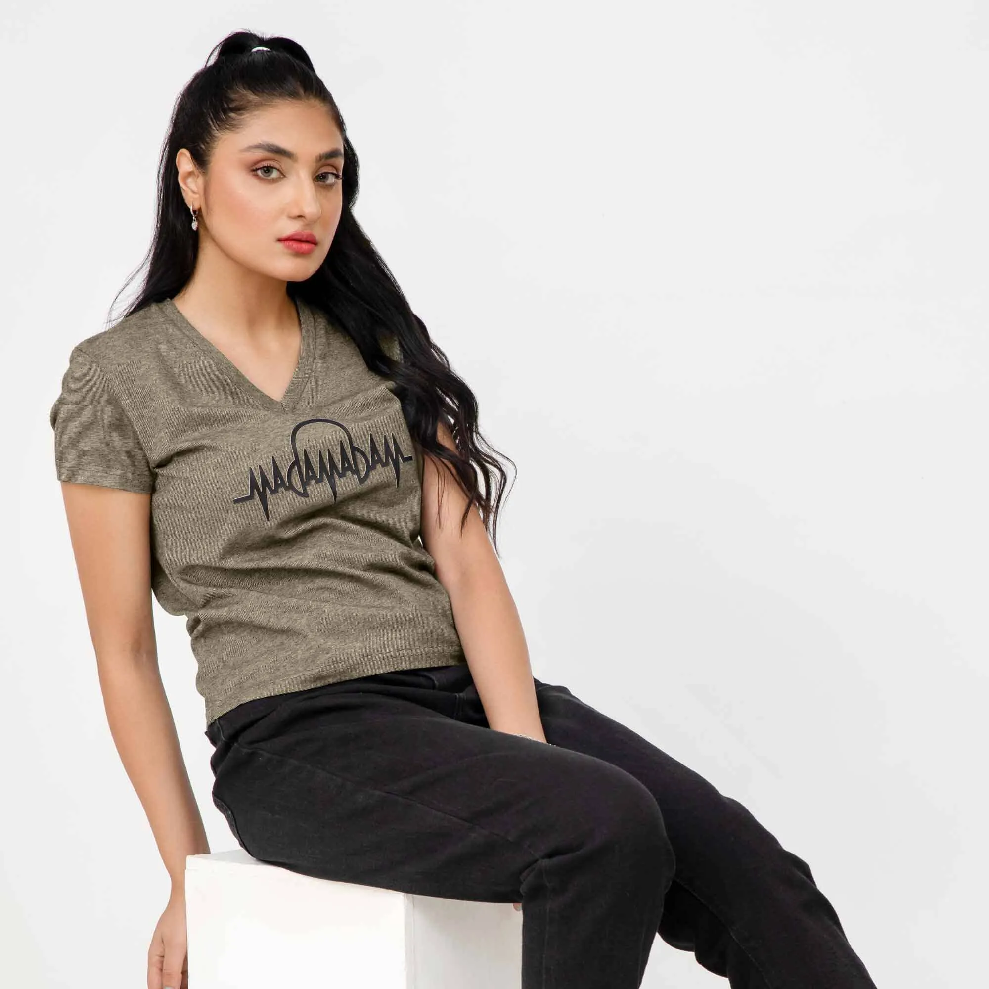 Madamadam Embellish Logo Women's V Neck Tee Shirt