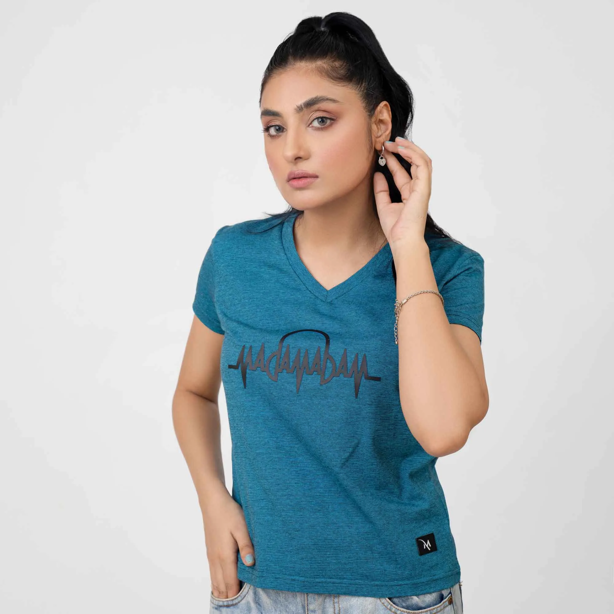Madamadam Embellish Logo Women's V Neck Tee Shirt