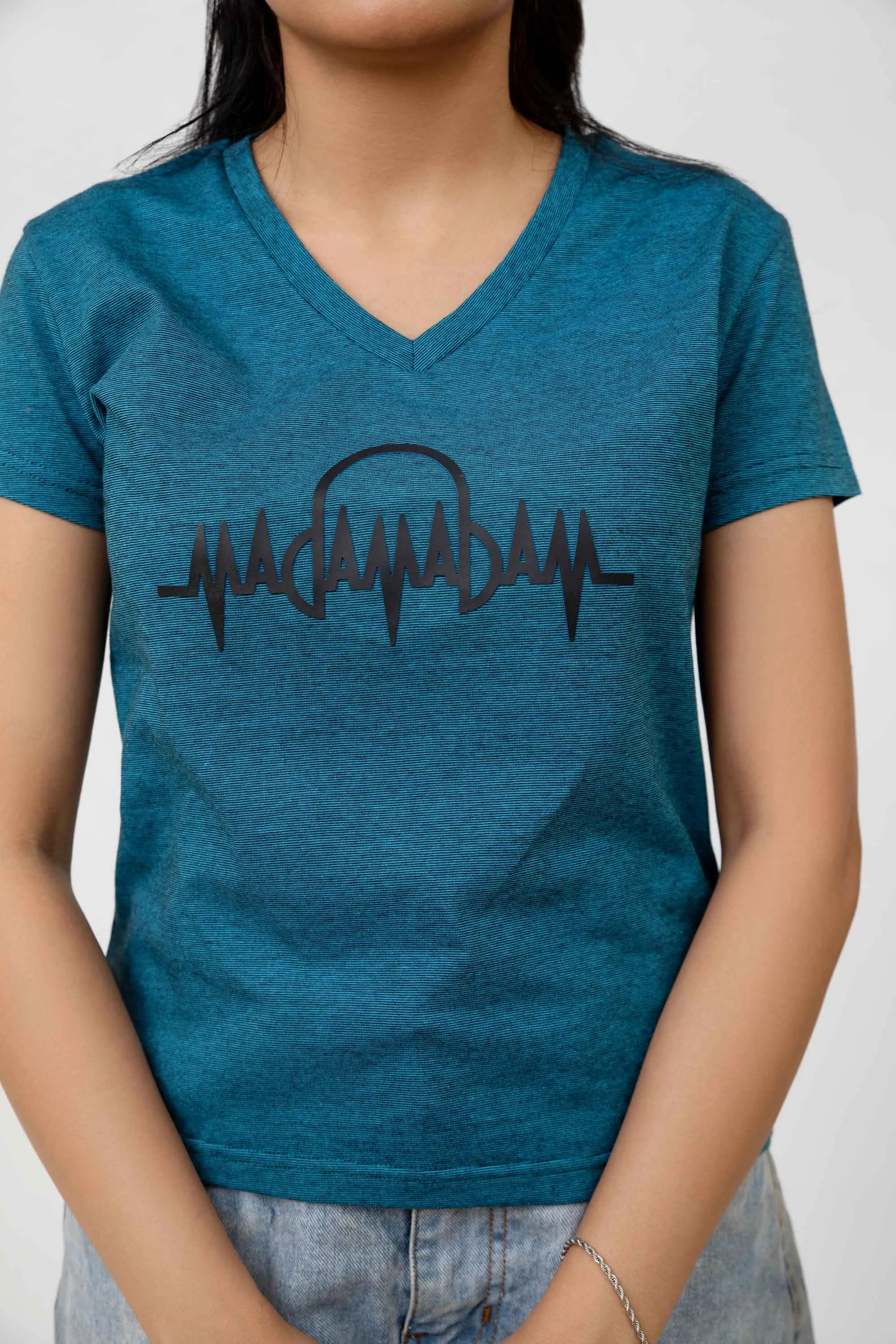 Madamadam Embellish Logo Women's V Neck Tee Shirt