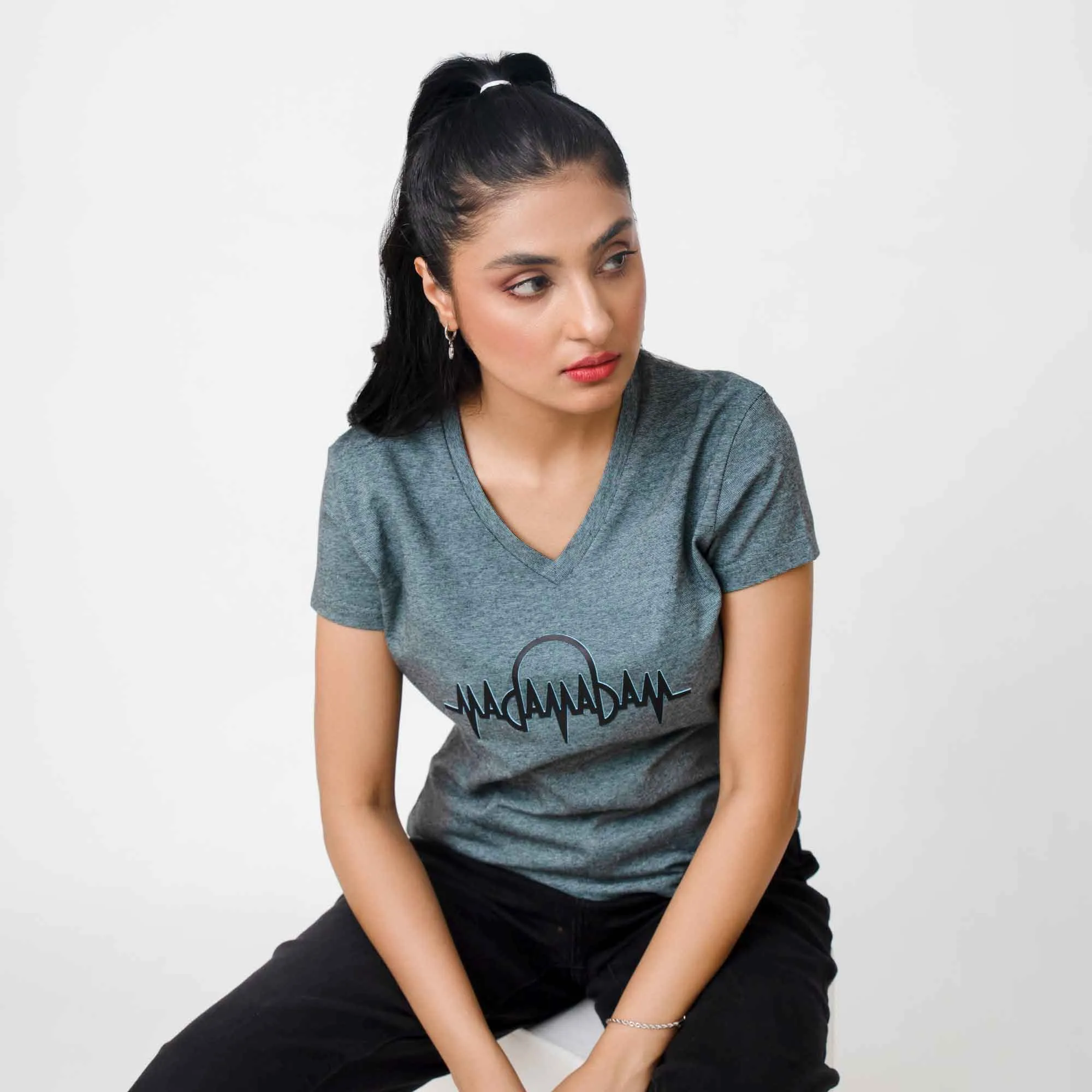 Madamadam Embellish Logo Women's V Neck Tee Shirt