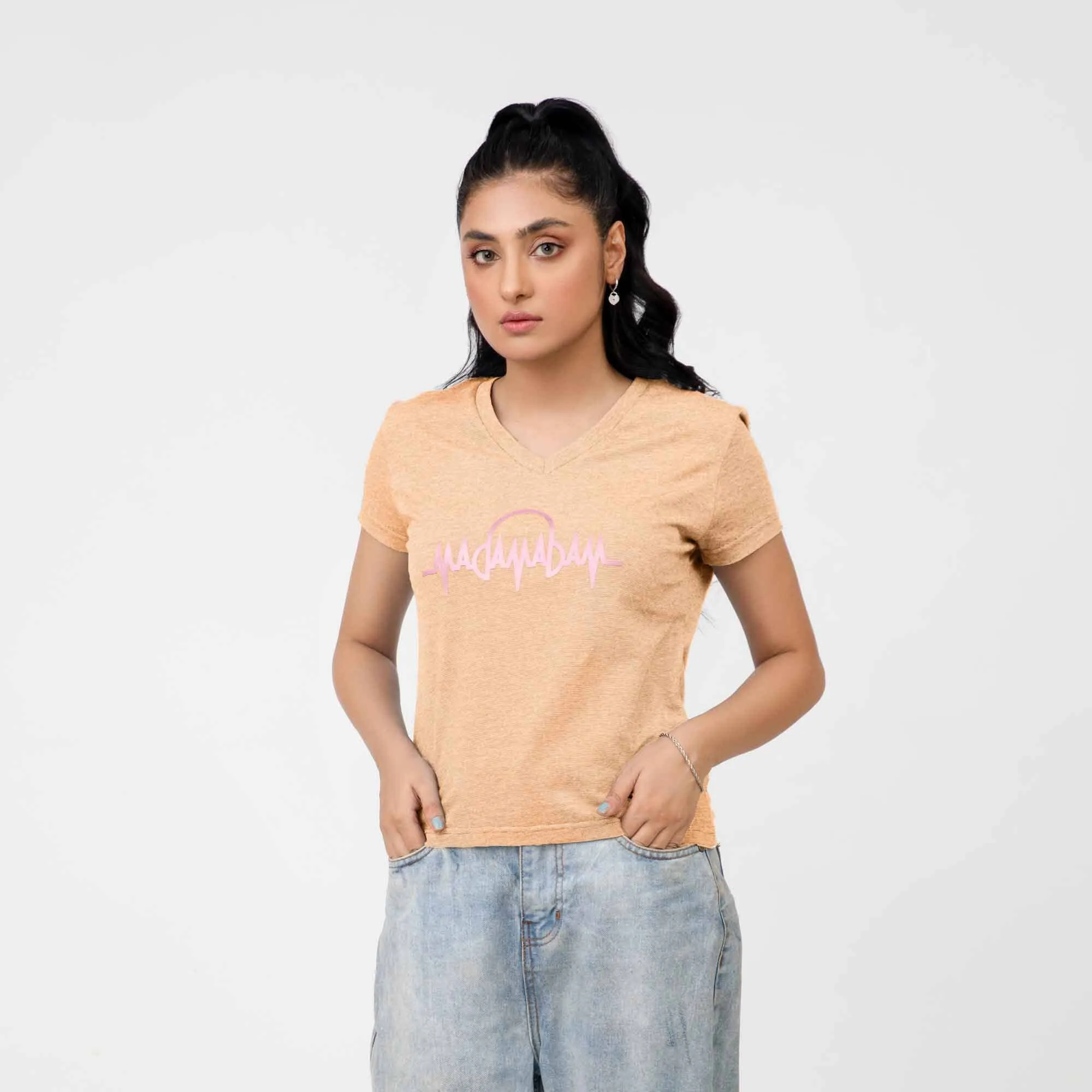 Madamadam Embellish Logo Women's V Neck Tee Shirt
