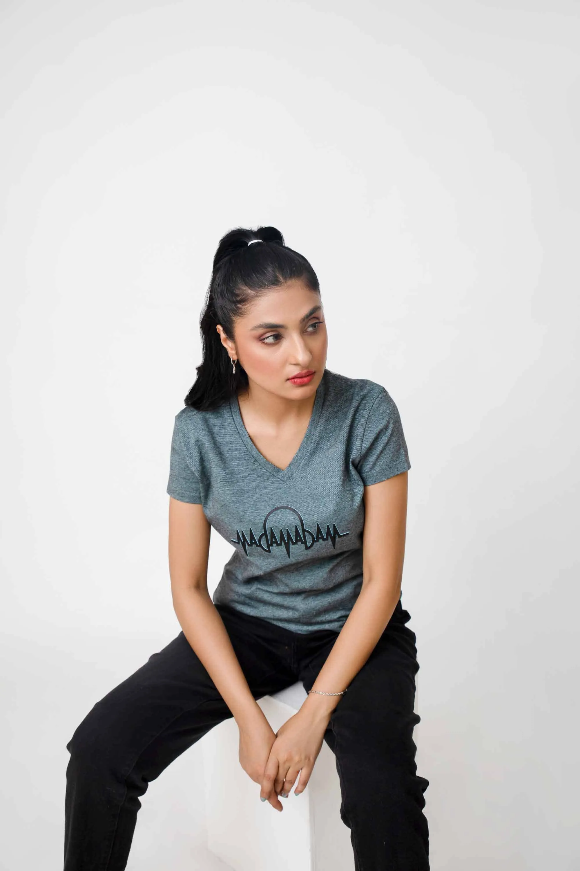 Madamadam Embellish Logo Women's V Neck Tee Shirt