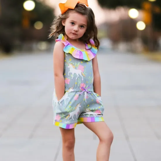 "Nola" Unicorn and Rainbows Pastel Stripe Romper