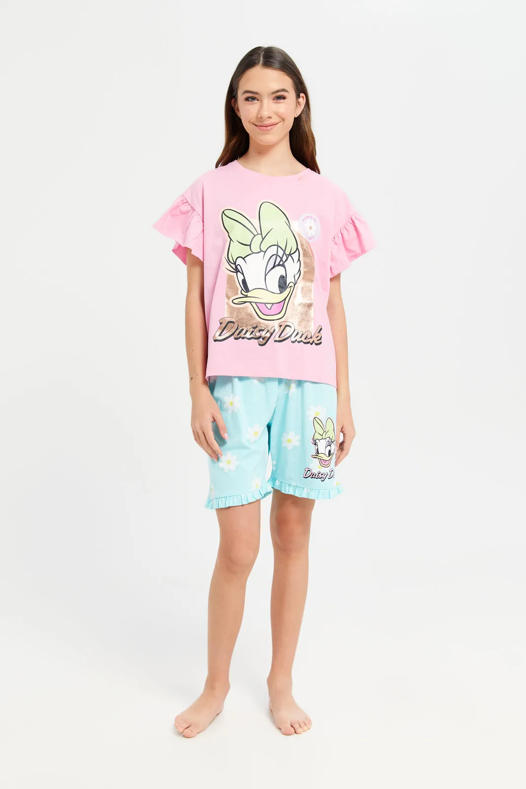 Senior Girls Pink And Blue Daisy Duck Pyjama Set (2 Piece)