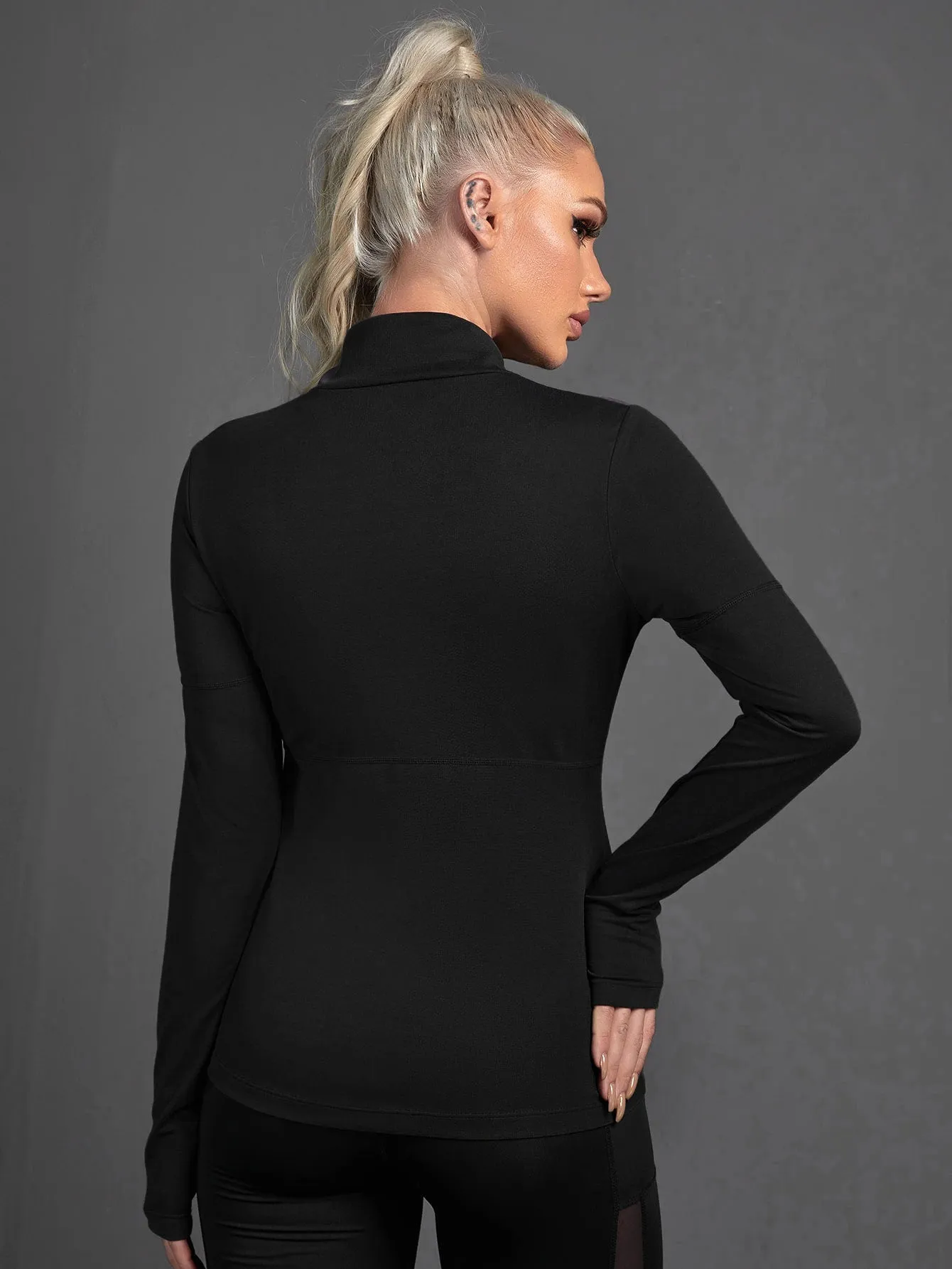 Solid Zip Up Sports Jacket With Thumb Holes