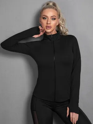 Solid Zip Up Sports Jacket With Thumb Holes